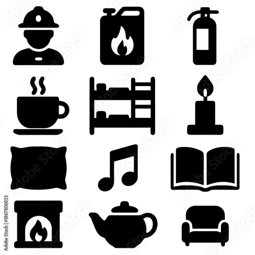Silhouette Icons Collection: A curated ensemble of simple icons, including a firefighter, fuel, fire extinguisher, coffee, bunk bed, candle, pillow, musical note, book, fireplace, teapot.