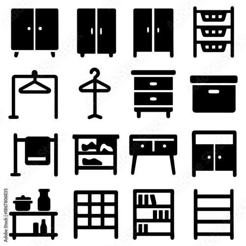 Furniture Variety: A collection of various furniture items for the home, including cabinets, racks, dressers, shelves, and hangers, displayed in a simple, sleek design.