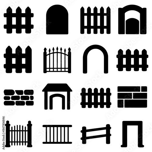 Fences and Arches: A set of varied black silhouette fences and arches suitable for decoration.