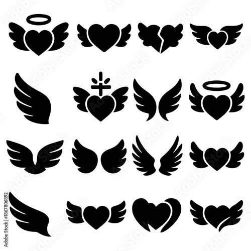 Winged Hearts Collection: A diverse compilation of vector graphics featuring winged hearts, each unique, symbolizing love, freedom, and divine protection, perfect for design needs.