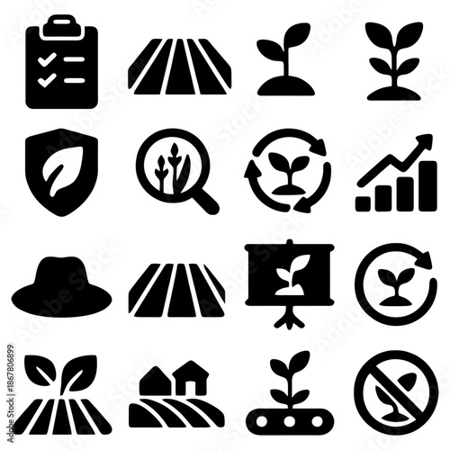 Sustainable Agriculture Icons: An array of vector icons meticulously crafted to encapsulate the essence of modern farming practices, offering a glimpse into the world of sustainable agriculture.