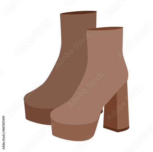 Brown chunky platform block ankle boot women color pair. Oversized sole with stacked heel luxury event refined look. Technical fashion illustration CAD mockup vector men unisex isolated modern style