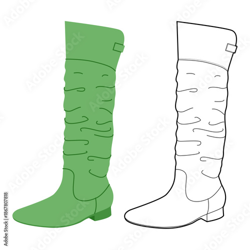 Green wrapped slouchy knee-high boot women flat plus line set. Ruched texture with buckle detail for music night. Technical fashion illustration CAD mockup mixed vector men unisex isolated chic style