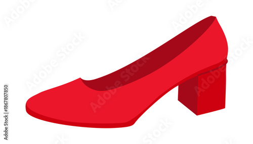 Red block heel pump shoe women flat. Closed toe dress shoe for party, celebration, event look, capsule wardrobe. Technical fashion illustration, CAD mockup, smooth vector men unisex isolated style.