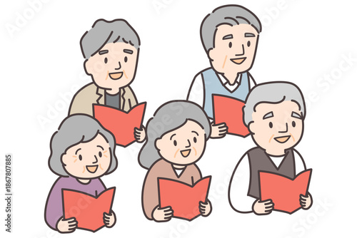 朗読や合唱を楽しむ高齢者5人のイラスト