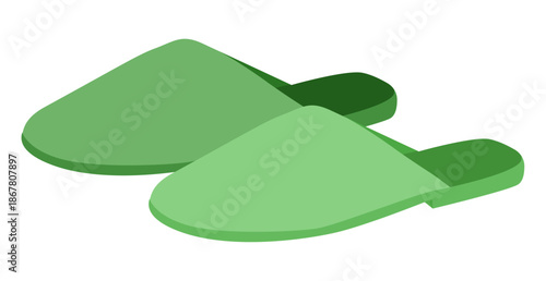 Green slide slipper shoe women flat pair. Closed toe house sandal for home vacation hotel stay. Technical fashion illustration CAD mockup soft vector man unisex isolated contemporary style.