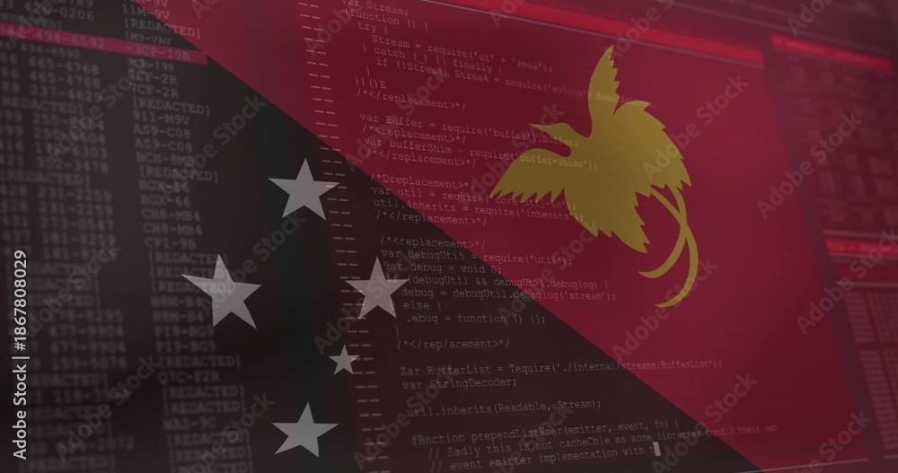 Obraz premium Displaying PNG flag motif merging with code on screen, showing gold bird, five stars, terminals