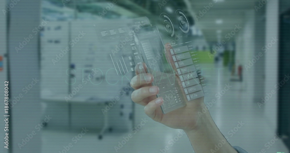 Fototapeta premium Holding hand showing transparent phone with holo UI charts, shirt cuff visible in office green wall