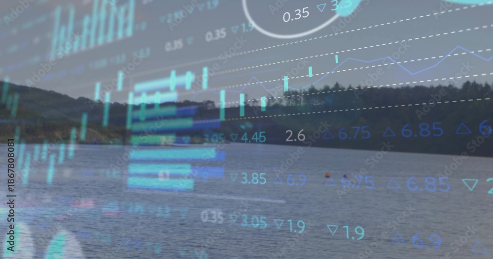 Obraz premium Overlaying translucent financial charts and gauges over calm lake, showing red buoy and treeline
