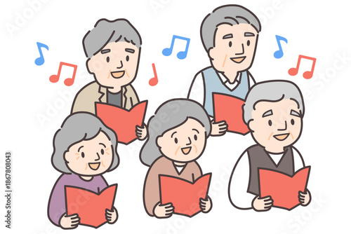 合唱をする高齢の男女5人のイラスト（音符あり）