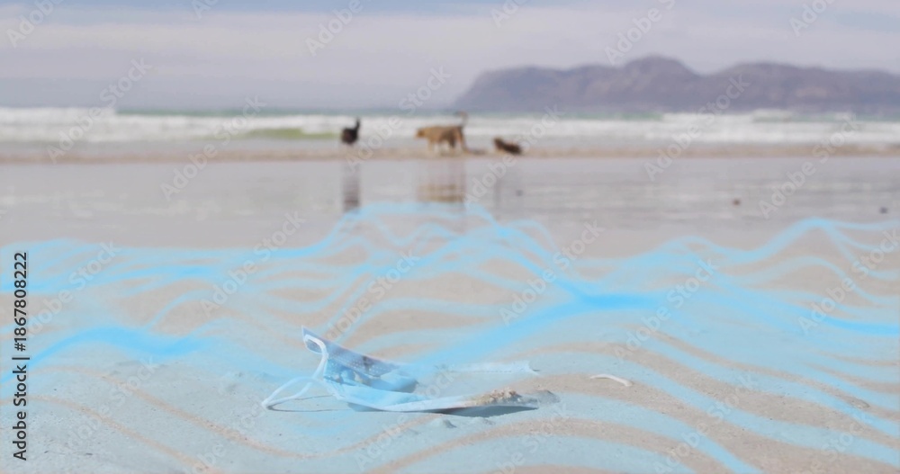 Fototapeta premium Lying light-blue surgical mask sinking into wet rippled sand at beach, showing distant dog walkers