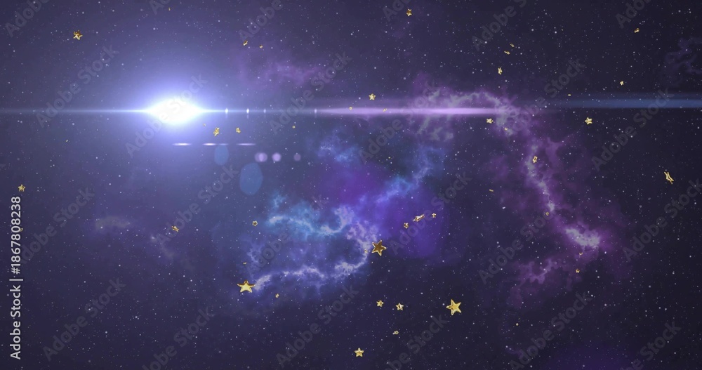 Fototapeta premium Emitting bright white stellar flare, purple nebula in deep space, with lens streaks and gold stars