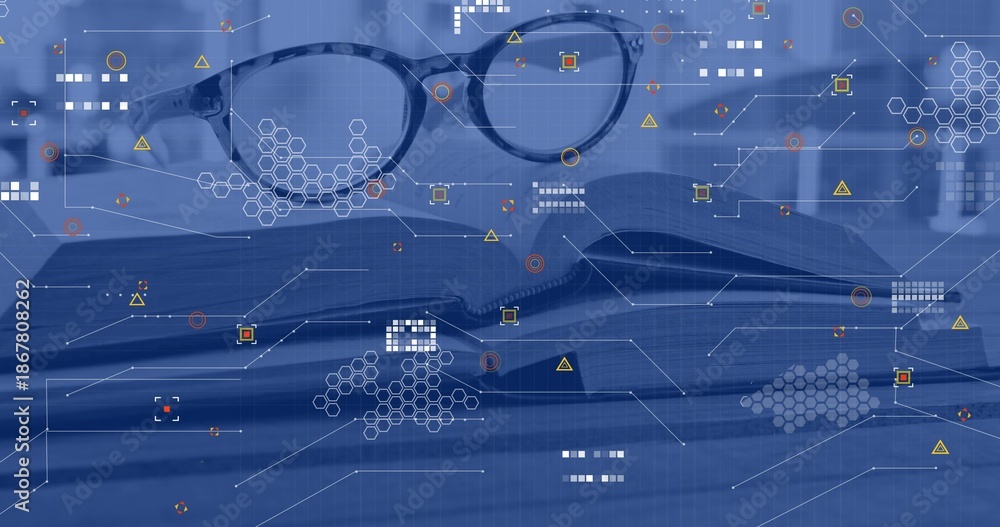 Fototapeta premium Resting round eyeglasses sitting on open printed book at desk, with hexagon HUD graphics overlay
