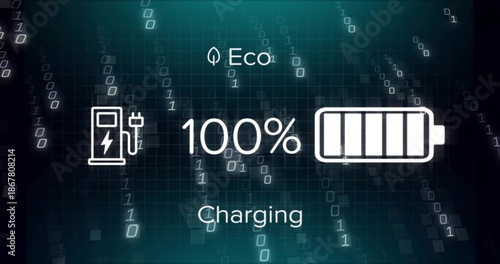 Displaying centered UI cluster showing 100% battery with charging station and Eco leaf on dark grid