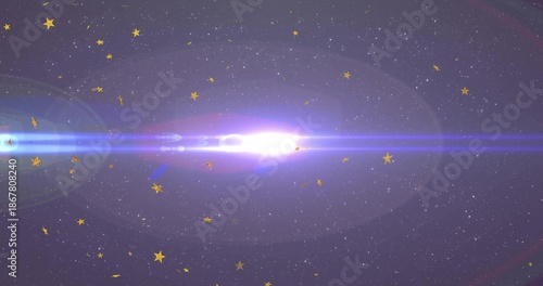 Glowing light creating horizontal blue lens flare in purple space, with gold stars, white specks