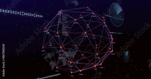 Photos Rotating geosphere showing glowing orange nodes and magenta lines with percent l