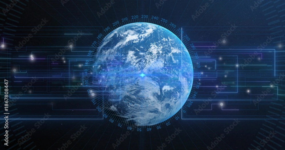 Obraz premium Displaying stylized Earth globe rotating in space virtual interface, with holographic compass