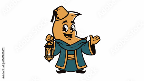 Cartoon character in traditional Middle Eastern attire holding lantern