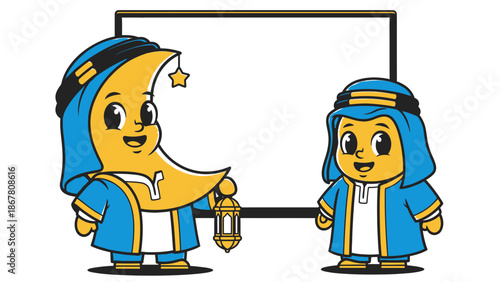 Ramadan Kareem cartoon characters with lantern and blank sign