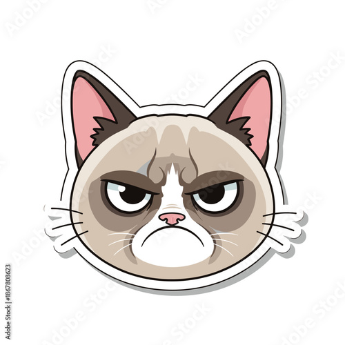 Grumpy Cat Sticker Illustration with Frowning Face and Angry Expression.