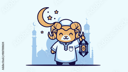 Ramadan Kareem, cute ram in traditional muslim clothing