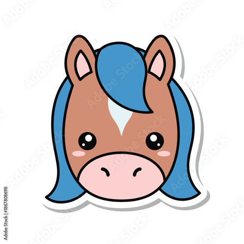 Cute Cartoon Horse Head Sticker with Blue Mane and Pink Snout.
