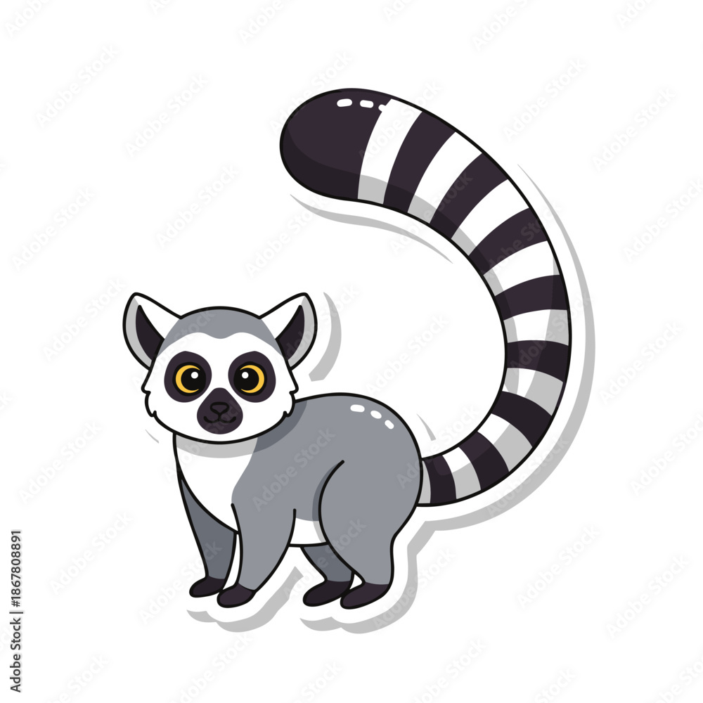 Fototapeta premium Cute Cartoon Lemur Sticker with Striped Tail.
