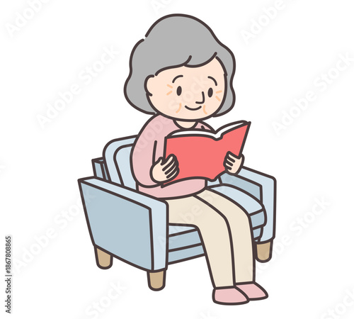 ソファに座って読書をする高齢女性のイラスト