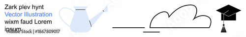 Education, environmental care, learning progression, academic growth, sustainable practices, future planning. A watering can, cloud and graduation cap aligned. Education and environmental care
