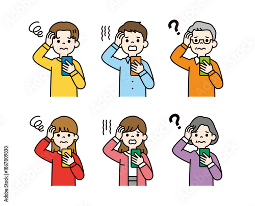 スマホを見て困る・悩む・頭を抱える、様々な年齢の人々のベクターイラスト素材セット＿カラー