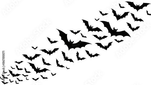 Bats in Flight: Dynamic Silhouette on a White Background for Halloween Theme