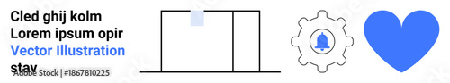 Notifications, user interface, system settings, alerts, favorite tools, communication. A gear with a bell, a heart symbol and a minimal box layout. Notifications and user interface visualization
