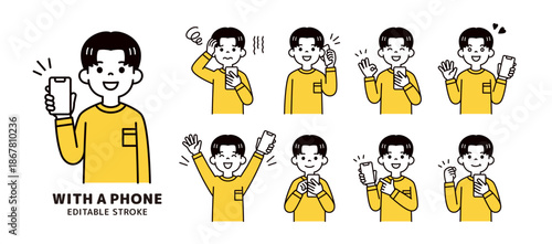 スマートフォンを持った若い男性・男子学生の、様々な表情・ポーズのベクターイラスト素材セット