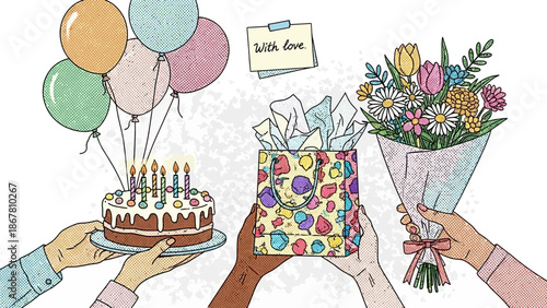 Celebration with cake, balloons, gift bag, and flowers for a special occasion