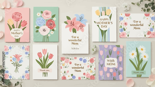 Collection of beautifully designed mother's day cards with floral illustrations