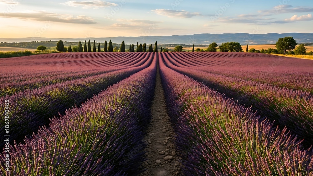 Fototapeta premium Lavender field at sunset rural landscape.
