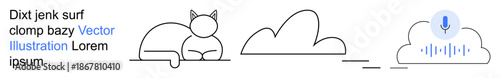 Animal , digital communication, design concepts, minimalism, data visualization, creative illustrations. Cat outline with clouds and audio icon. Animal themes and digital communication concept