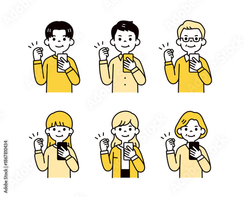 スマホを持って頑張る・応援する、いろいろな年代の家族のシンプルなベクターイラスト素材セット