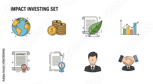 Flat lay of impact investing icons on a white background.