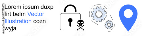 Cybersecurity, digital navigation, threat protection, online privacy, technology, data security. A lock with a skull, gears and a blue location marker. Cybersecurity and digital navigation concepts