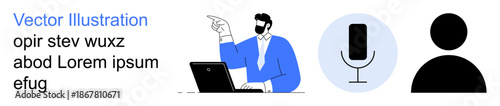 Remote work, digital interaction, voice recognition, online education, technology usage, user interface design. Person pointing beside a laptop with microphone and avatar icons. Remote work and voice