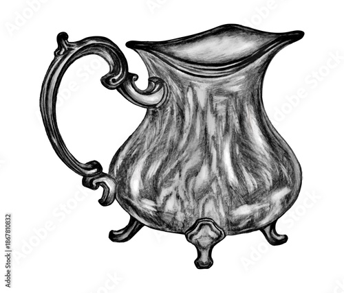 Vintage Tableware Pitcher Detailed Sketch Illustration.Hand drawn black and white illustration of a vintage ornate metal pitcher with curved handle and decorative feet isolated on white background