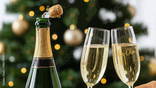 Festive celebration with popping champagne and toasting glasses near Christmas tree