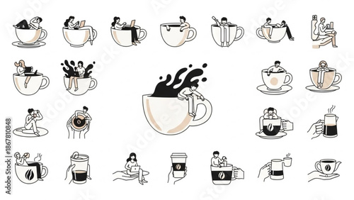 Minimalist vector illustrations featuring diverse people interacting with coffee cups in daily life, work, and leisure, symbolizing morning energy, comfort, and routine