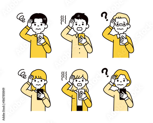 スマホを持って頭を抱える、いろいろな年代の男性と女性のシンプルなベクターイラスト素材セット