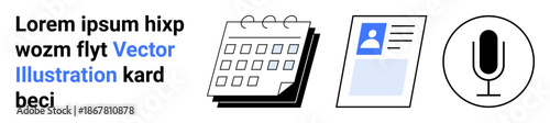 Organization tools, personal identification, media creation, events planning, branding strategies, and communication. Set of a calendar, ID card and microphone icon. Organization and personal