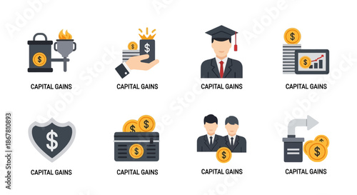 Graphic illustrations of various capital gains icons on a white background.