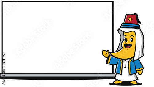Cartoon banana in traditional arabian clothing presenting