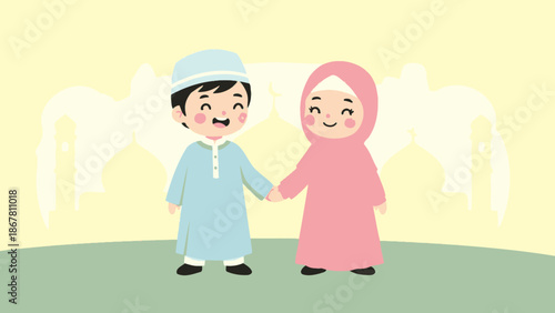 muslim kids holding hands, boy and girl in traditional clothes