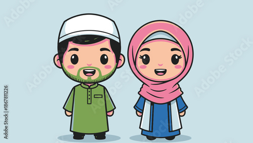 muslim couple, cartoon, smiling